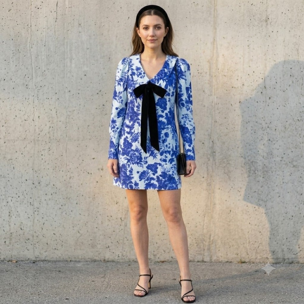 Tuckernuck Bella Dress‎ Women XS Blue White Sapphire Bloom Floral Sailor Collar